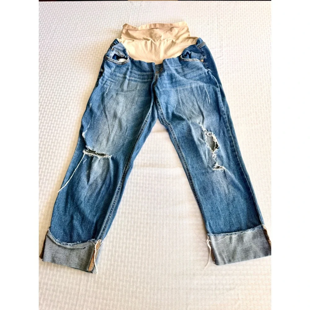 Indigo Blue Distressed Maternity Boyfriend Jeans Bundle 2 Pair Blue Size L